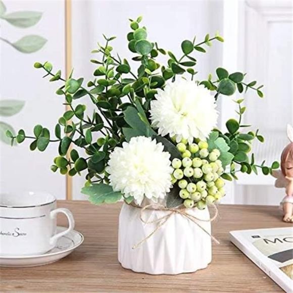 Artificial Flower Hydrangea & Small CeramicVase Fake Plant Eucalyptus Leaf Berry - Picture 1 of 4